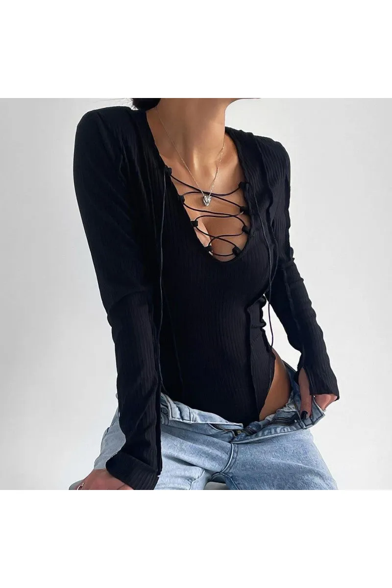 HJQ1216 Solid Criss-Cross Bodysuit