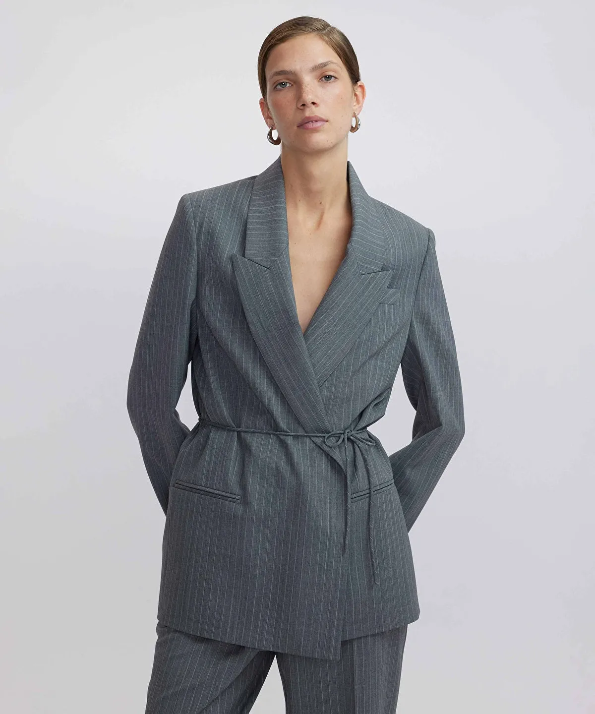 Ipekyol Striped Pattern Thin Belted Blazer Grey