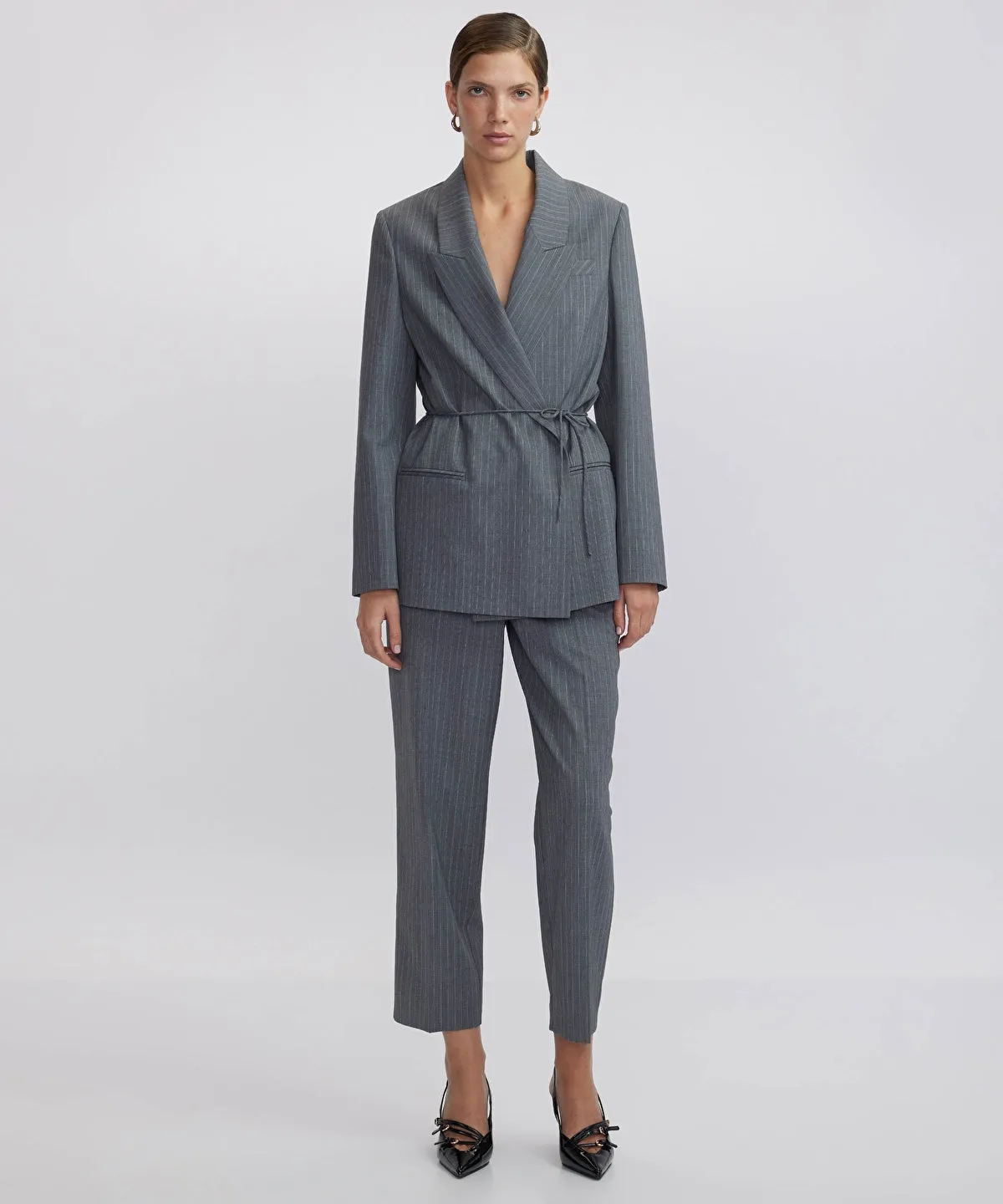 Ipekyol Striped Pattern Thin Belted Blazer Grey
