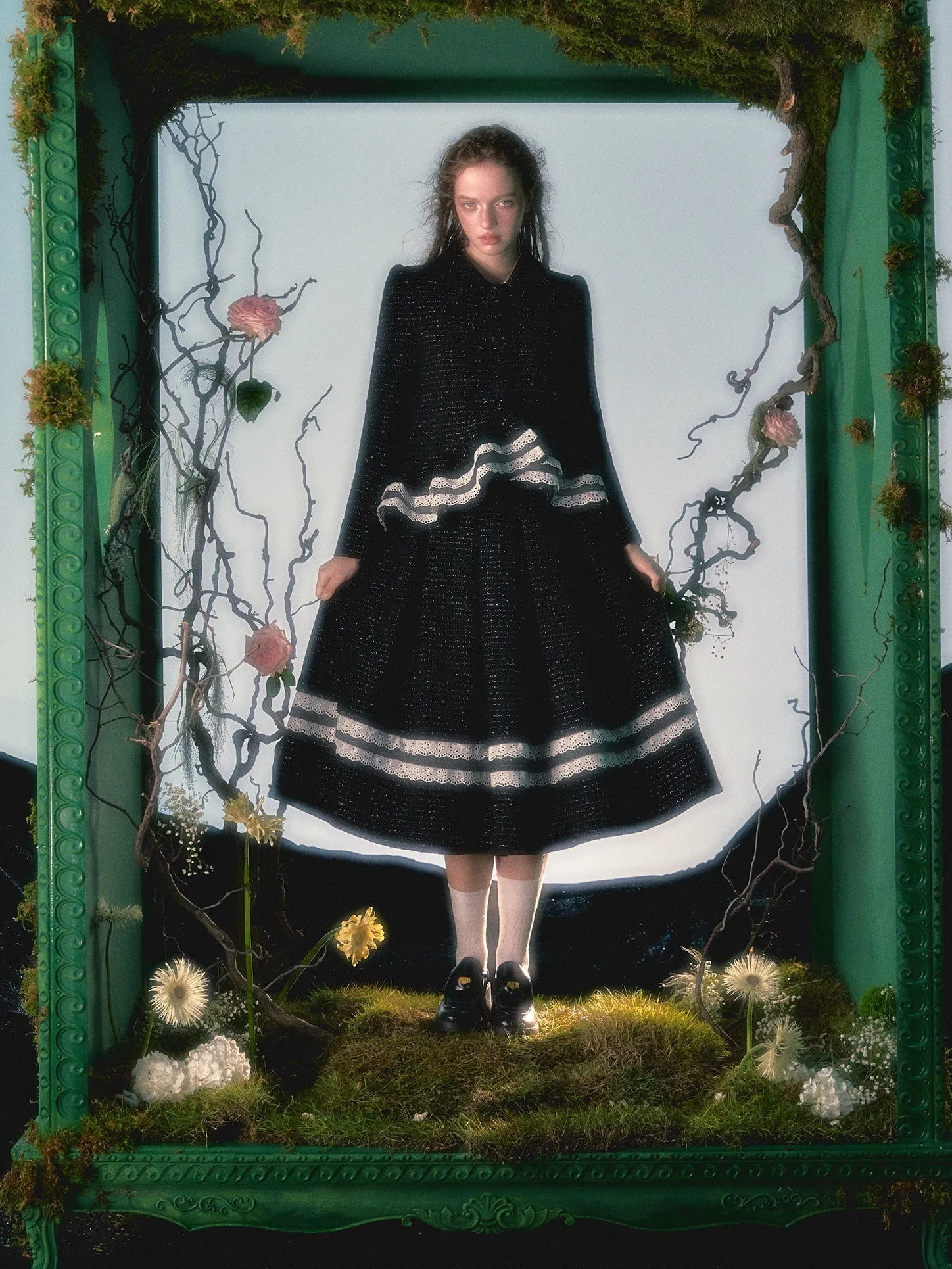 Irregular Lace Hem Jacket ＆ Flare Pleated Skirt