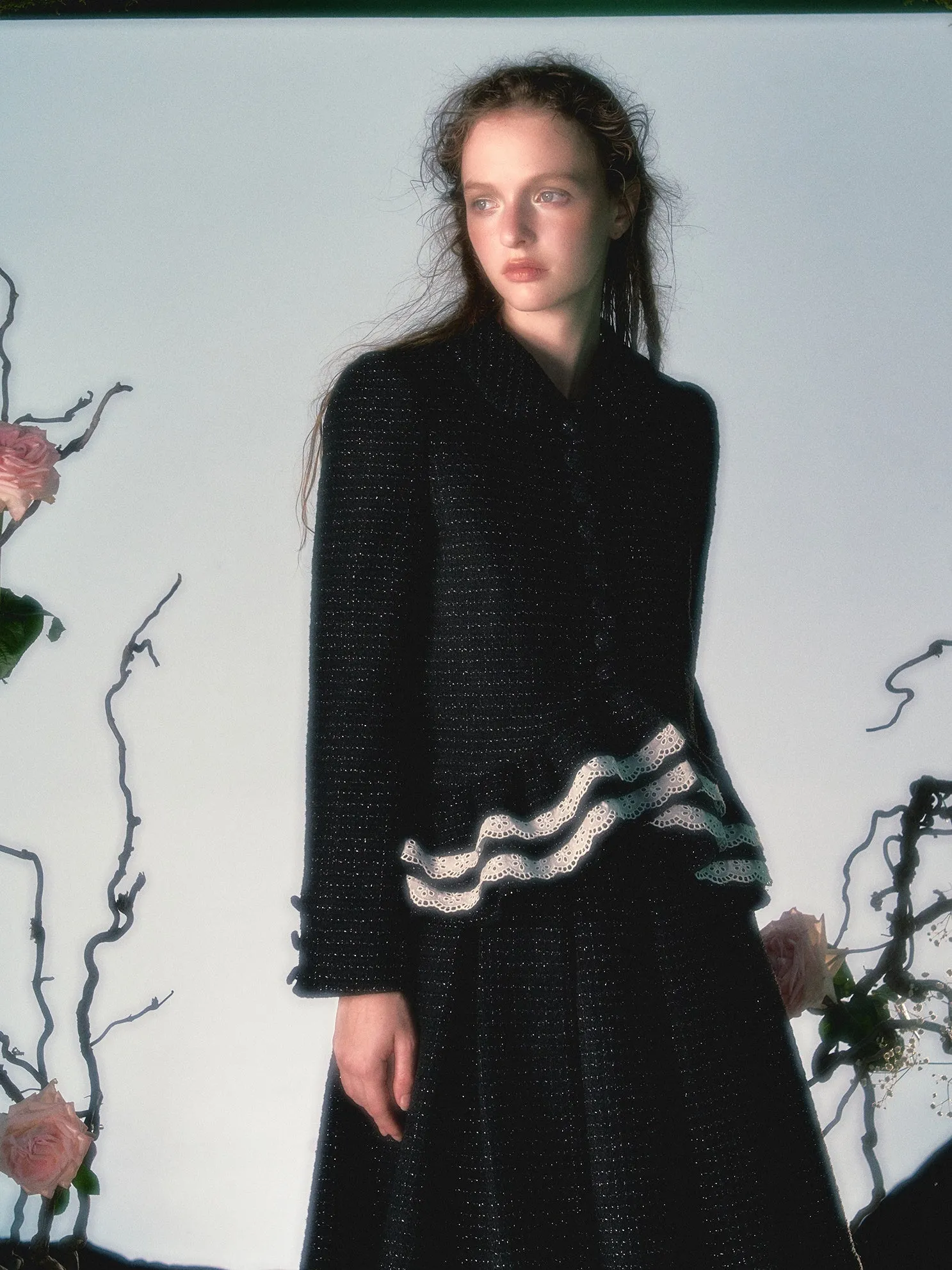 Irregular Lace Hem Jacket ＆ Flare Pleated Skirt