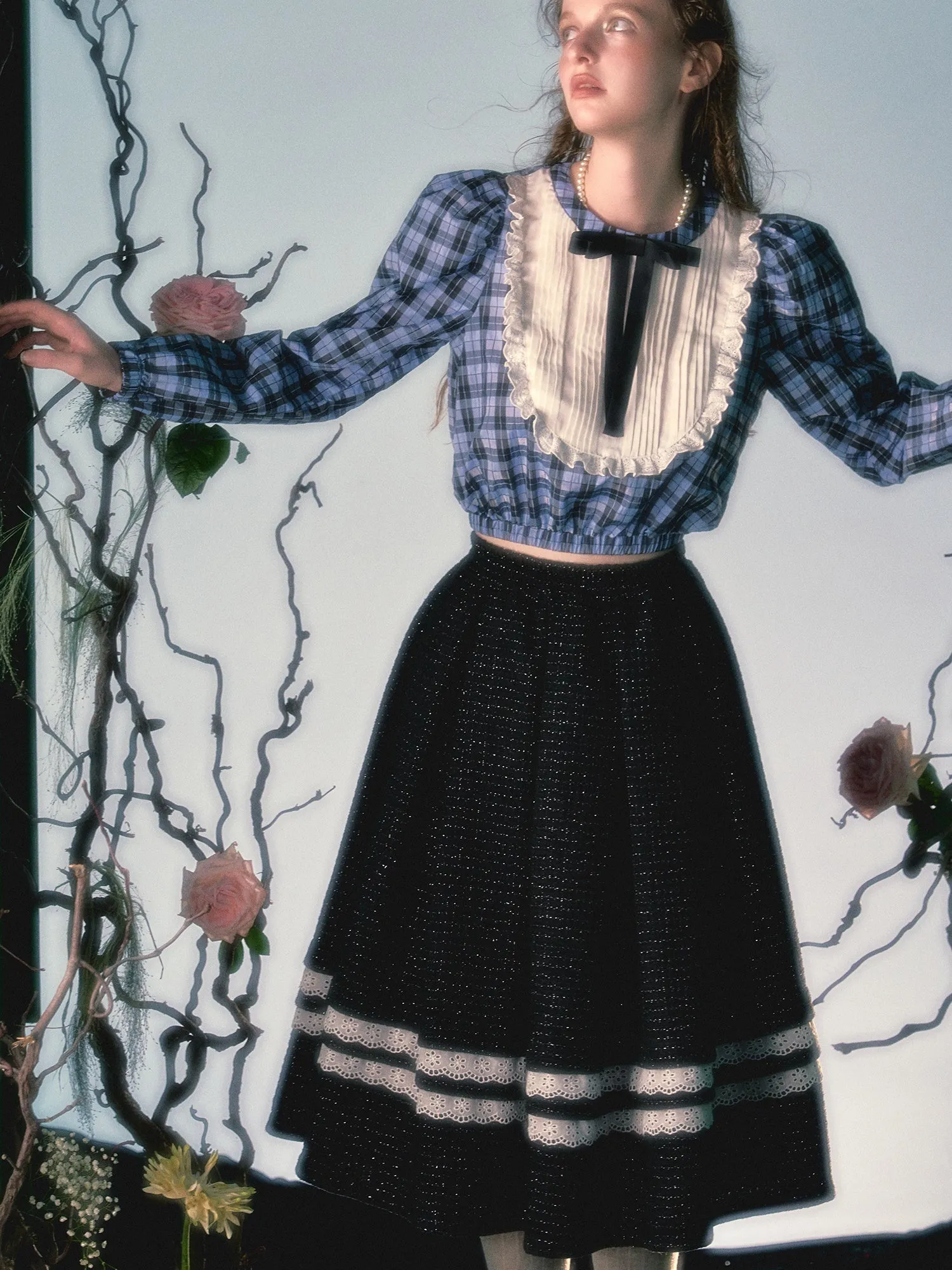 Irregular Lace Hem Jacket ＆ Flare Pleated Skirt