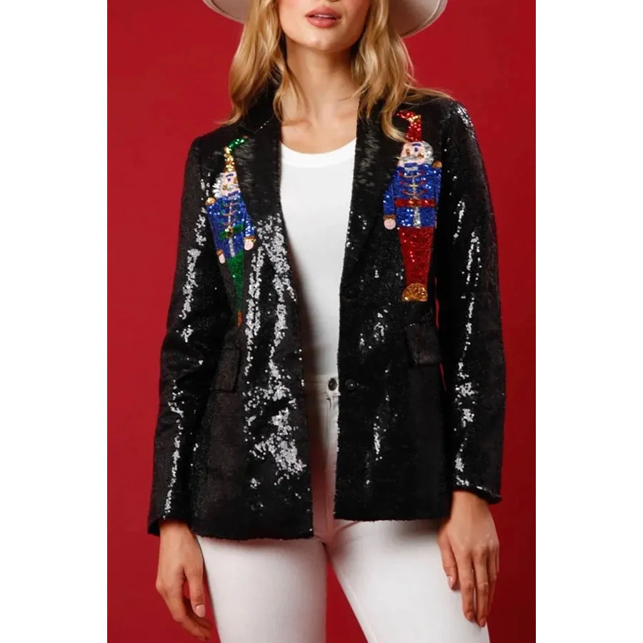 Ivyshape | Christmas Nutcracker Sequins Turn-Back Collar Blazer Outerwear