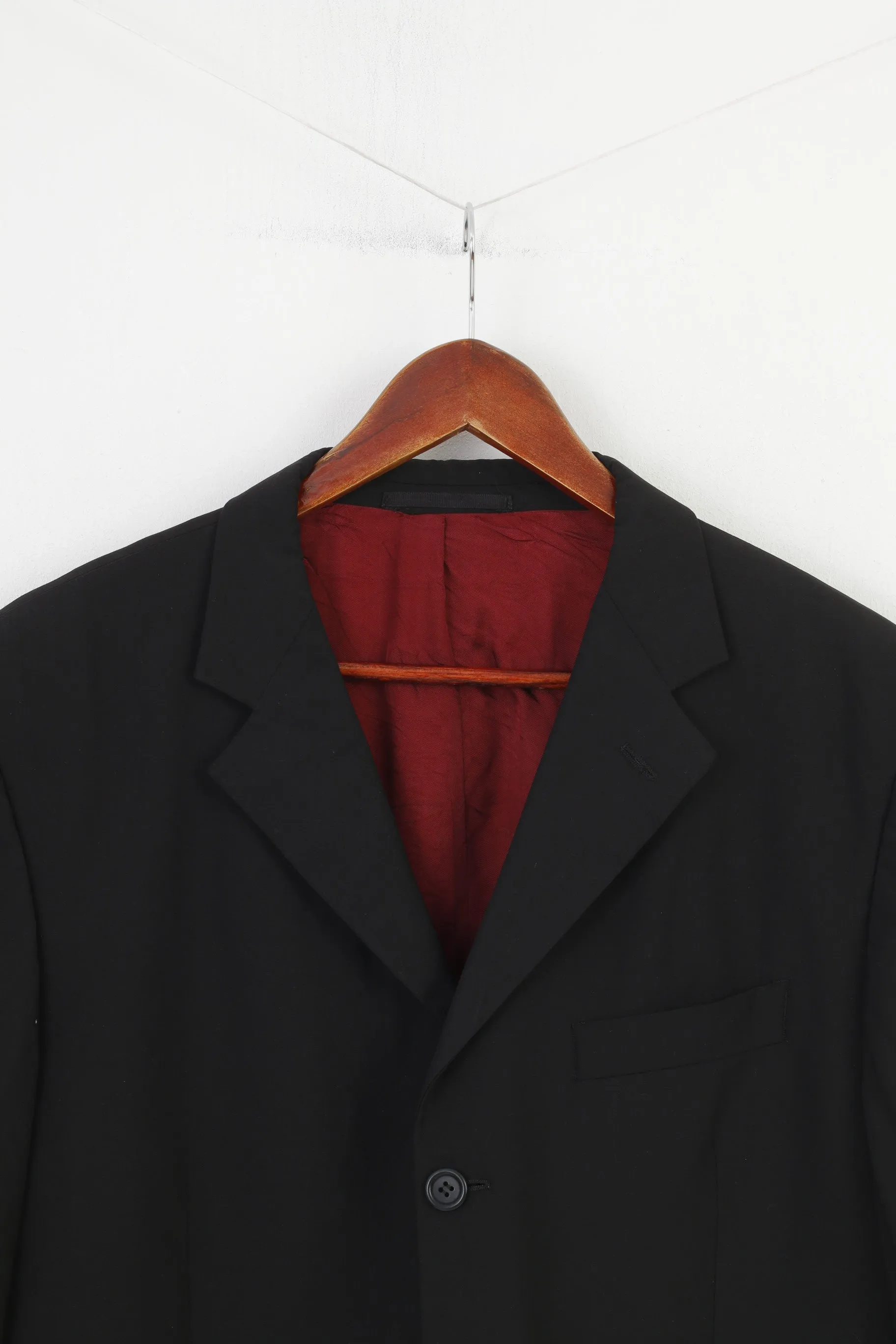Jaeger Men 44 54 Blazer Black Wool Breasted Jacket Buttons Long Sleeve Top
