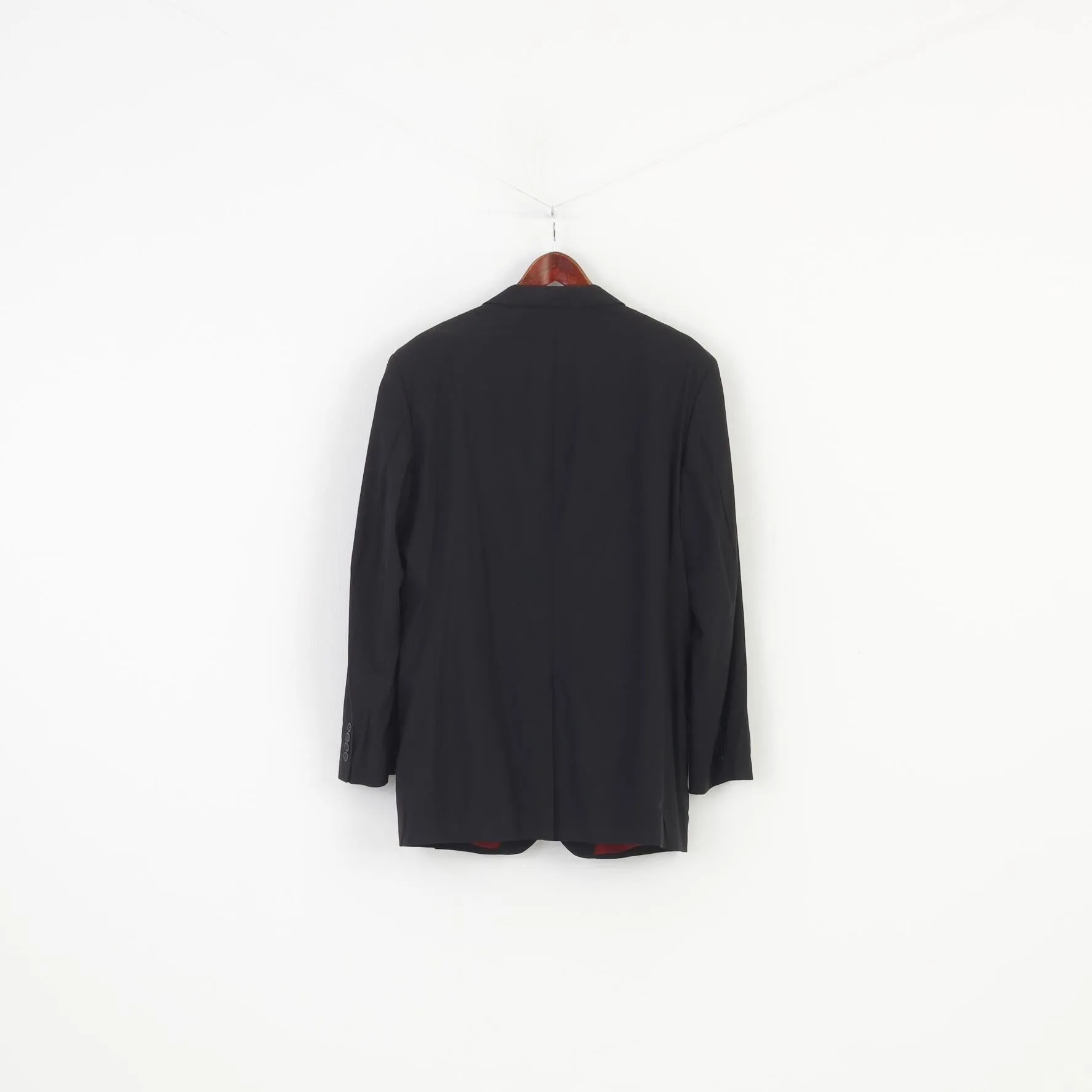 Jaeger Men 44 54 Blazer Black Wool Breasted Jacket Buttons Long Sleeve Top