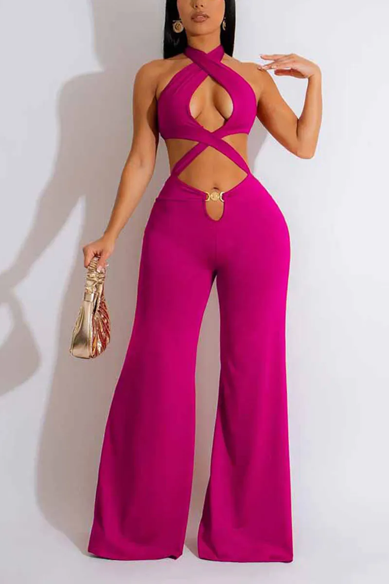 JC882 Halter Cutout Wide-Leg Jumpsuit