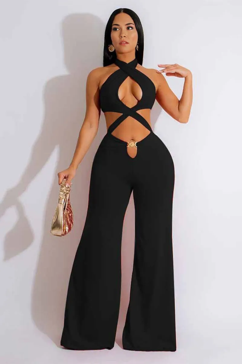 JC882 Halter Cutout Wide-Leg Jumpsuit