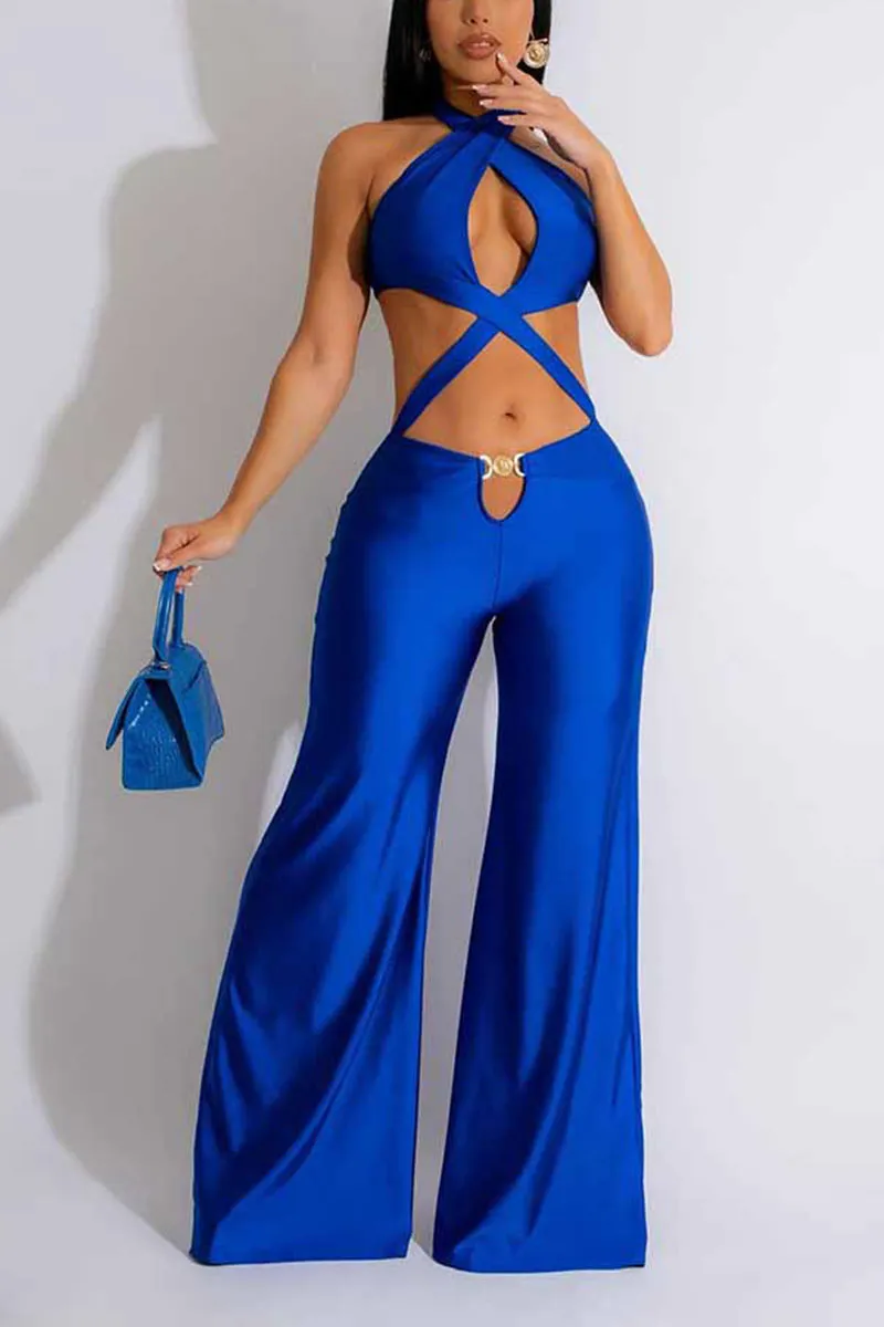 JC882 Halter Cutout Wide-Leg Jumpsuit