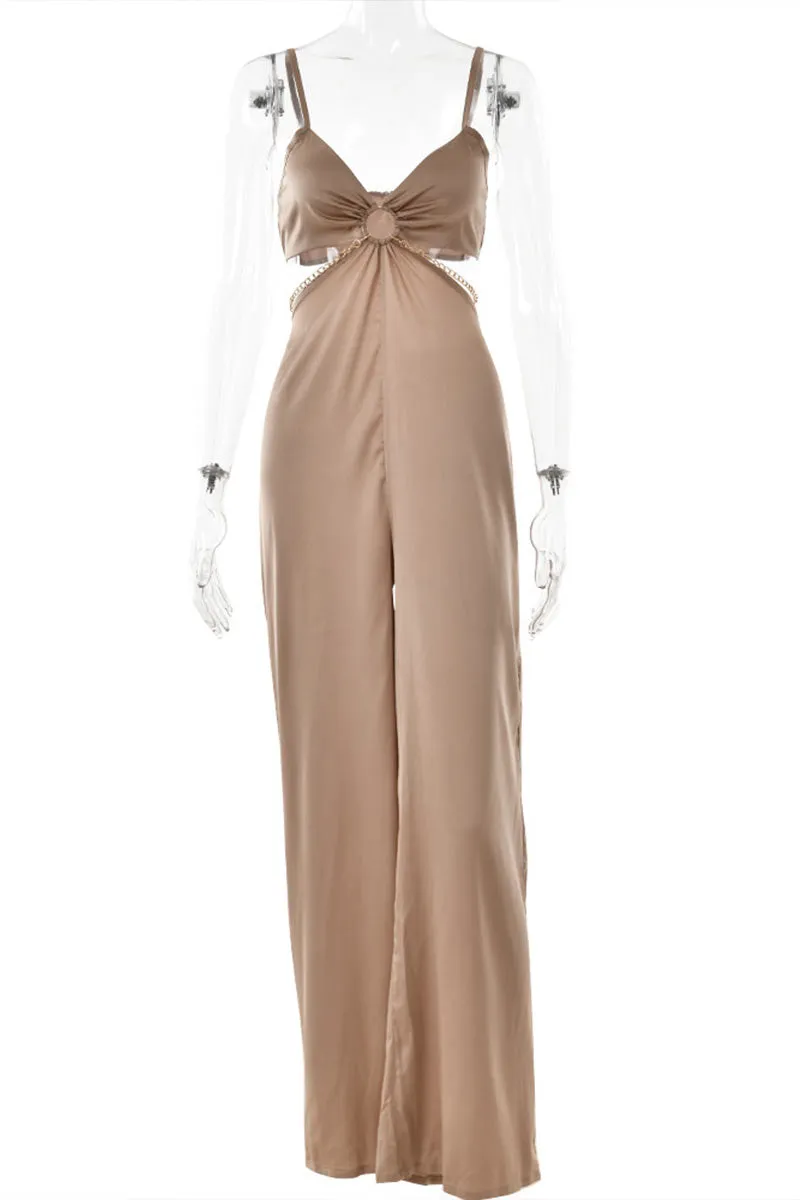 JE858 Plunging Satin Bra Top Jumpsuit