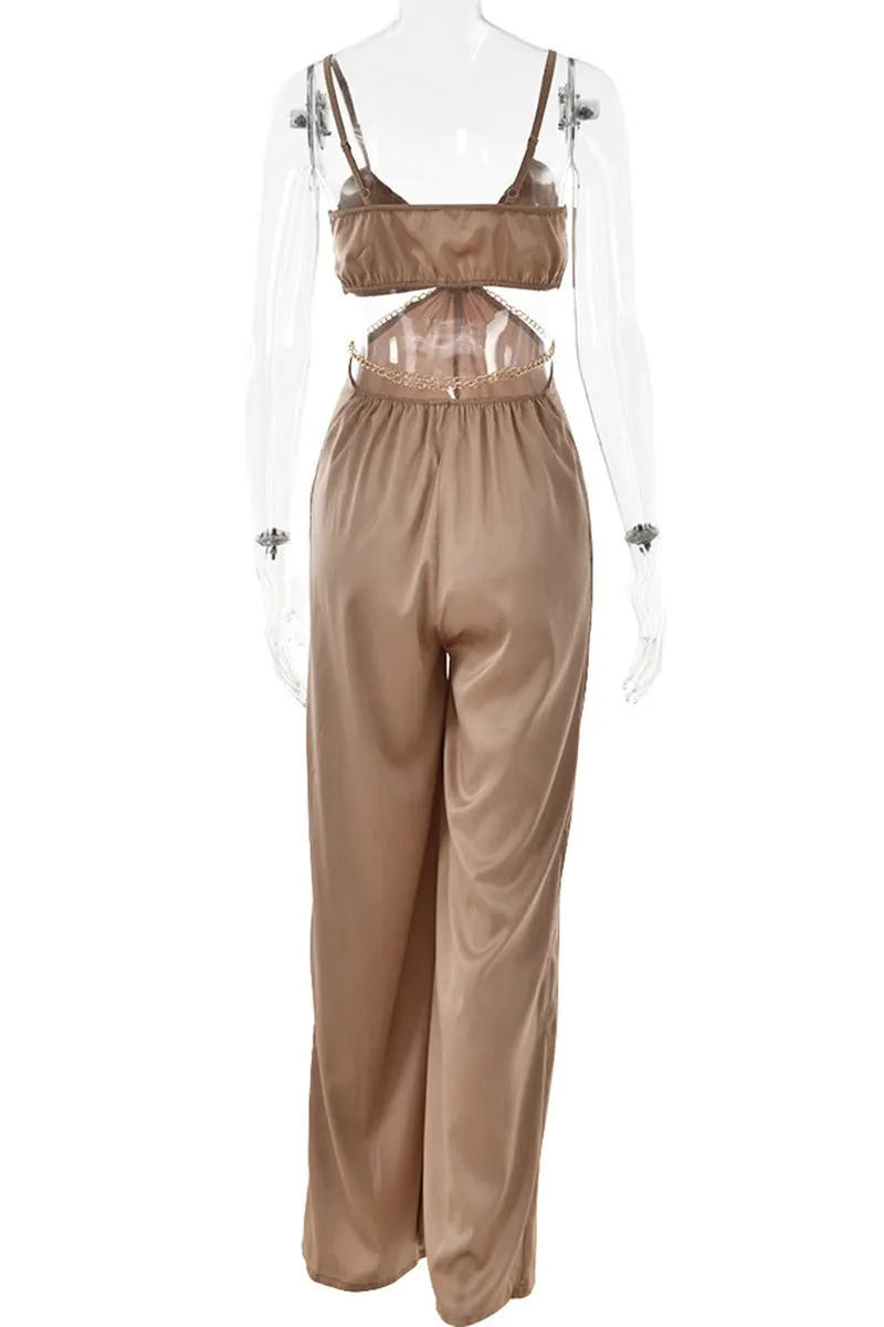 JE858 Plunging Satin Bra Top Jumpsuit