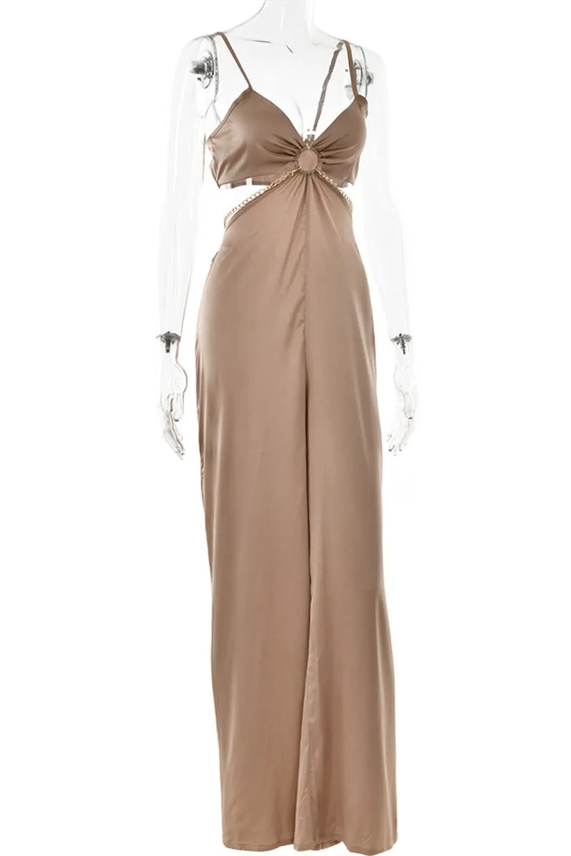 JE858 Plunging Satin Bra Top Jumpsuit