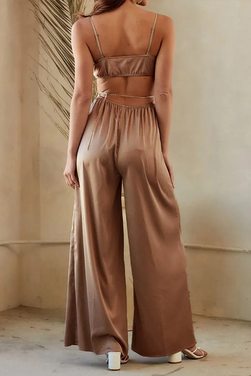 JE858 Plunging Satin Bra Top Jumpsuit