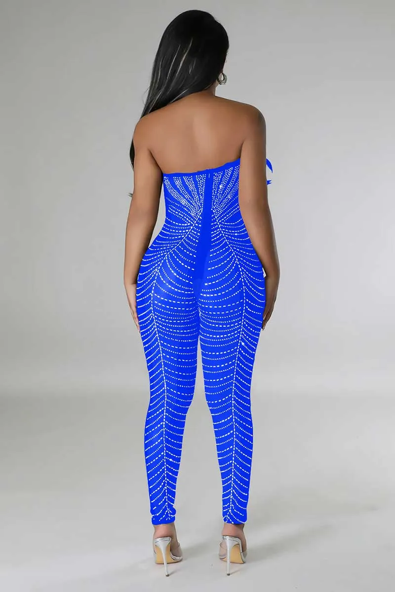 JI666 Rhinestone Faux Feather Jumpsuit