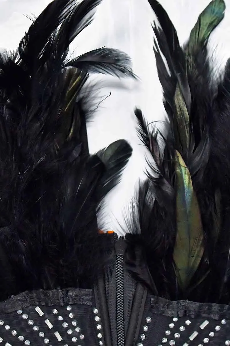 JI666 Rhinestone Faux Feather Jumpsuit