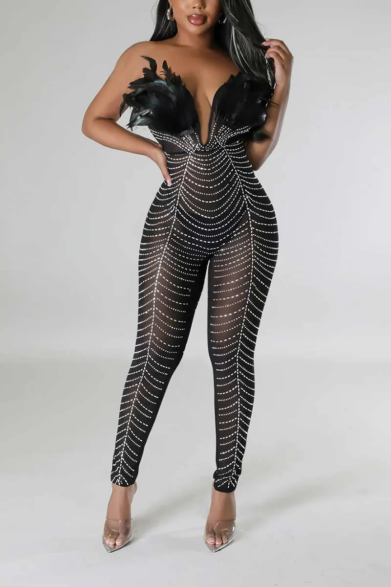 JI666 Rhinestone Faux Feather Jumpsuit