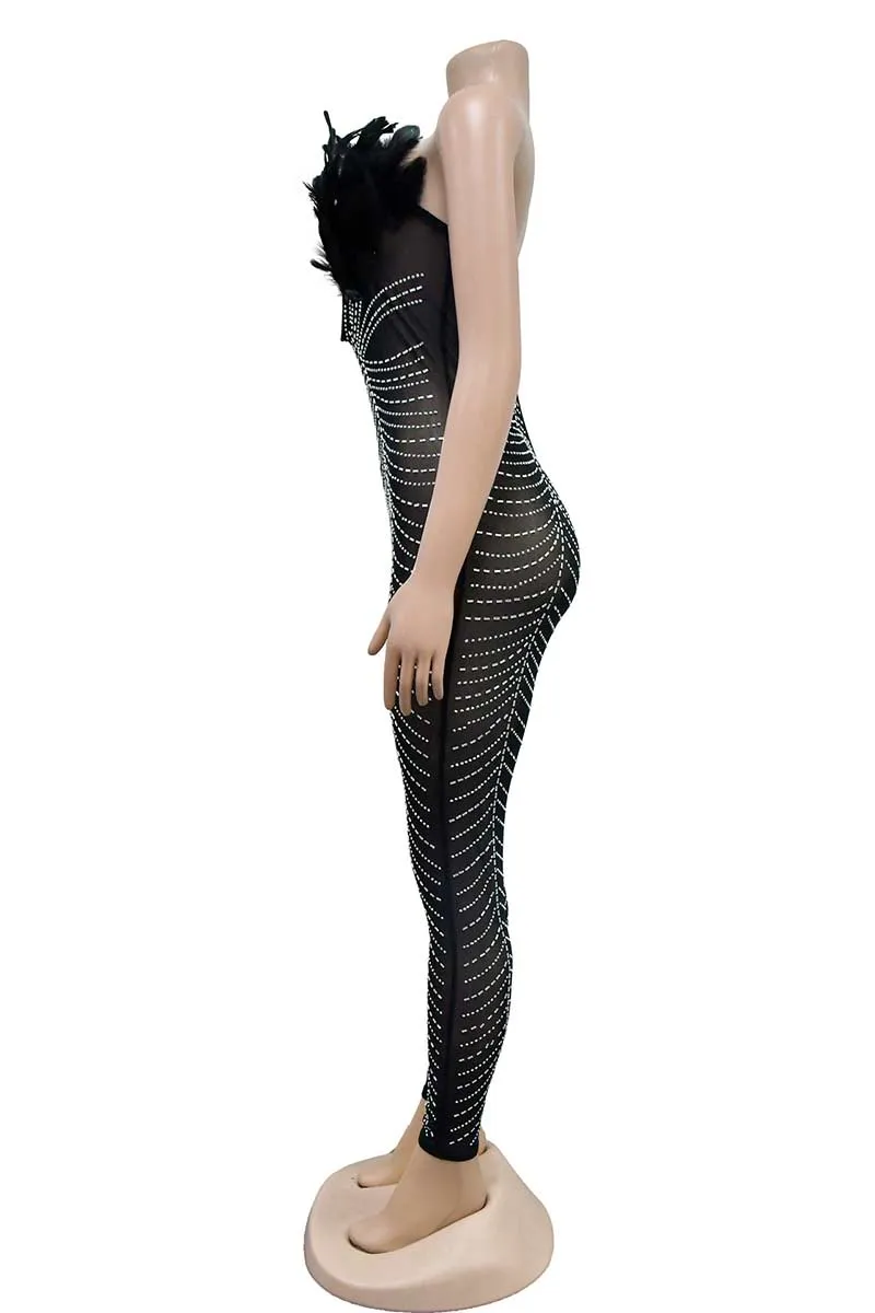 JI666 Rhinestone Faux Feather Jumpsuit