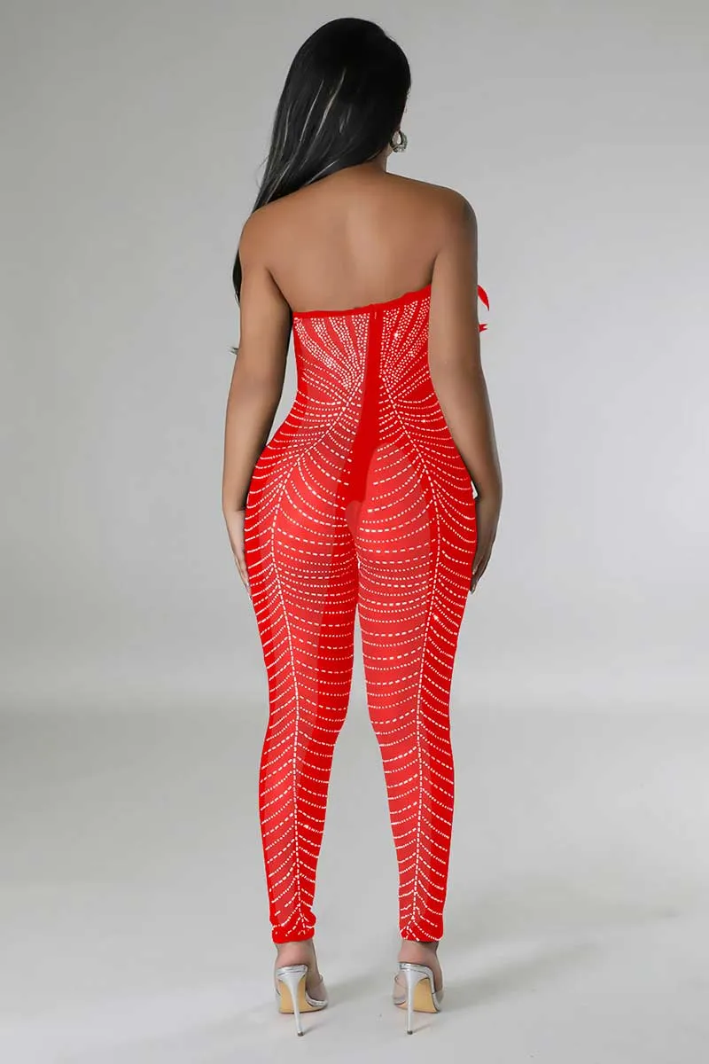 JI666 Rhinestone Faux Feather Jumpsuit