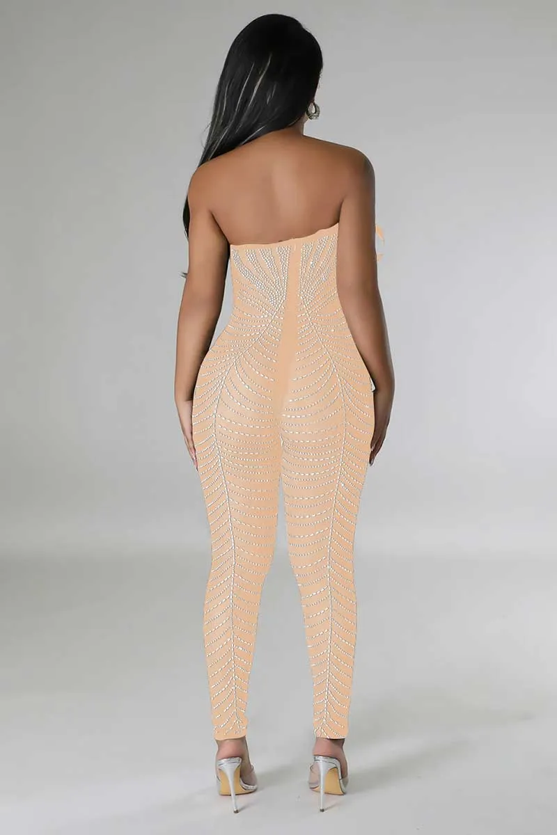 JI666 Rhinestone Faux Feather Jumpsuit