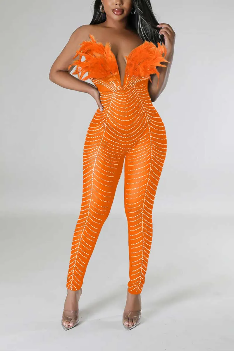 JI666 Rhinestone Faux Feather Jumpsuit