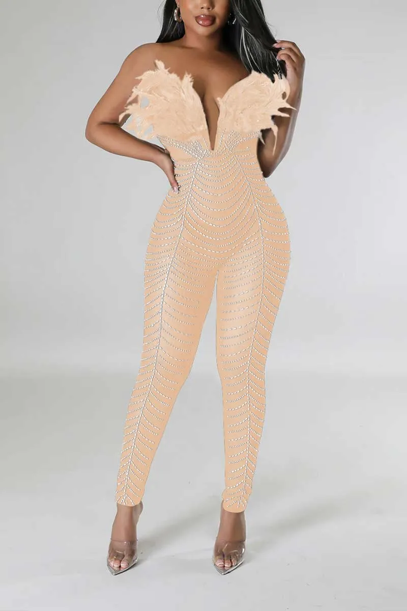 JI666 Rhinestone Faux Feather Jumpsuit