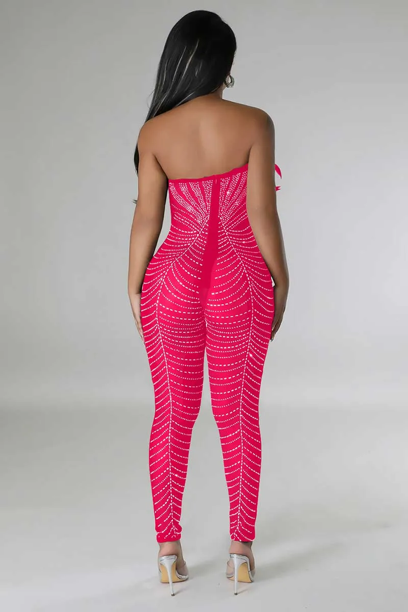 JI666 Rhinestone Faux Feather Jumpsuit