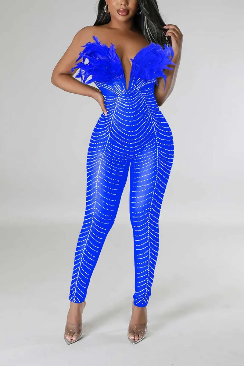 JI666 Rhinestone Faux Feather Jumpsuit