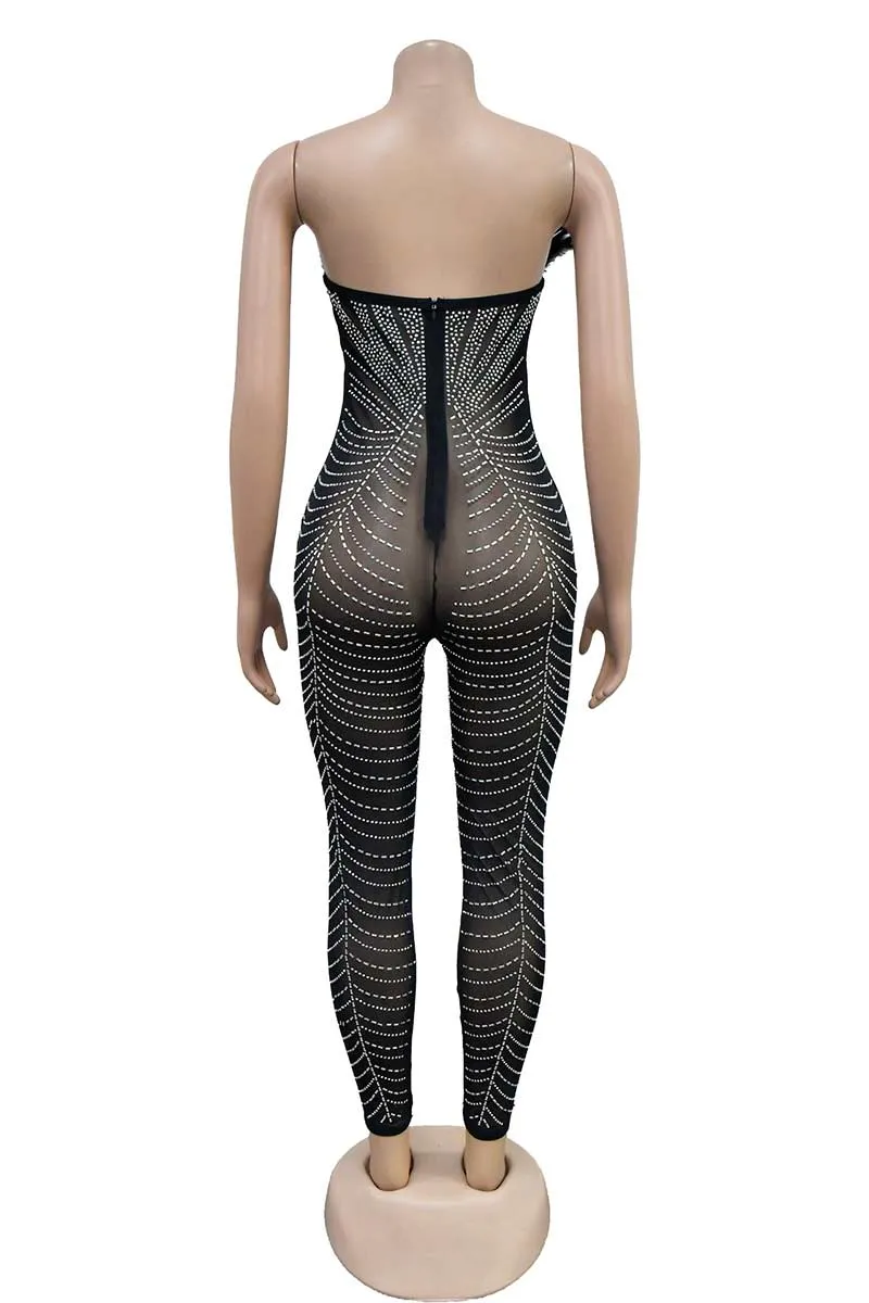 JI666 Rhinestone Faux Feather Jumpsuit