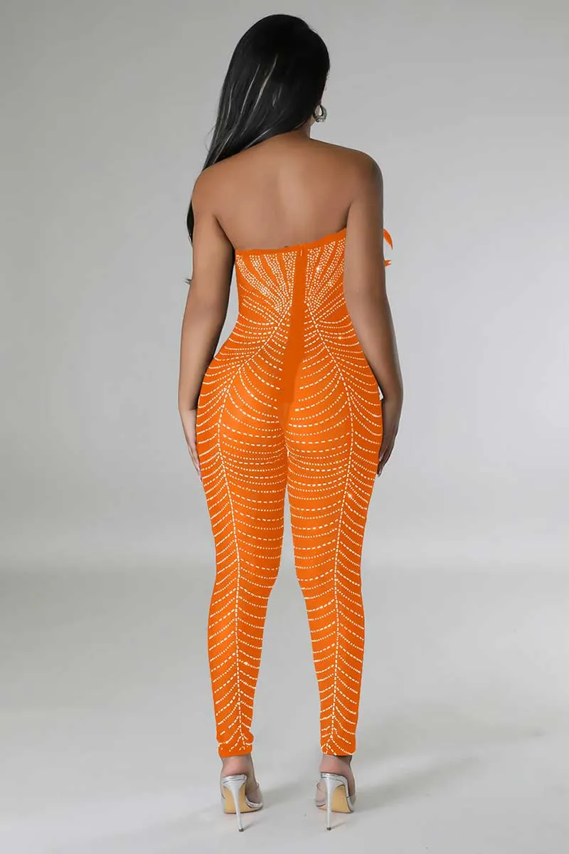 JI666 Rhinestone Faux Feather Jumpsuit