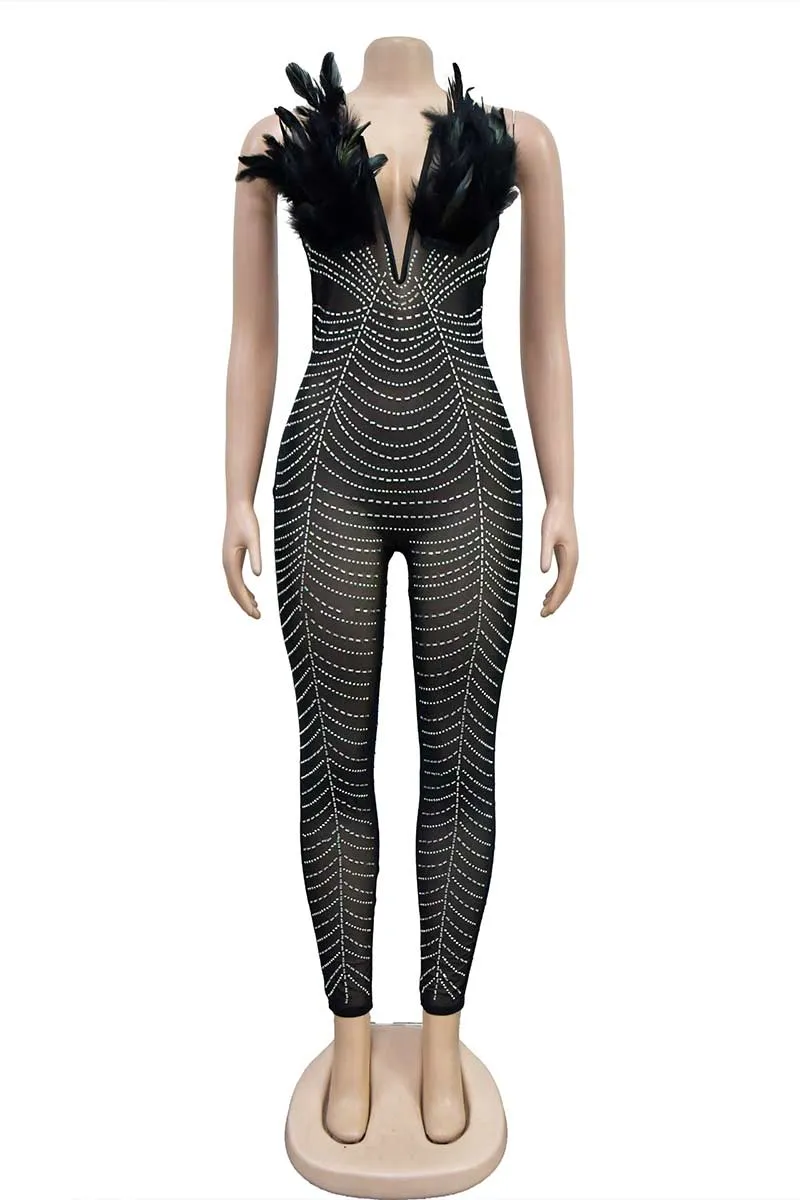 JI666 Rhinestone Faux Feather Jumpsuit