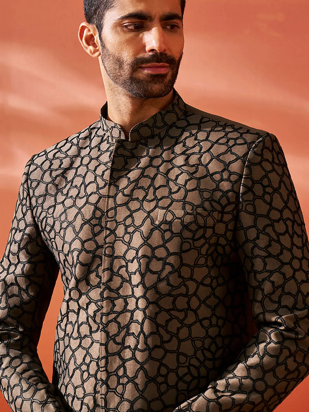 Jodhpuri Pyjama Set (Silk Blend) - Coffee & Black Colour