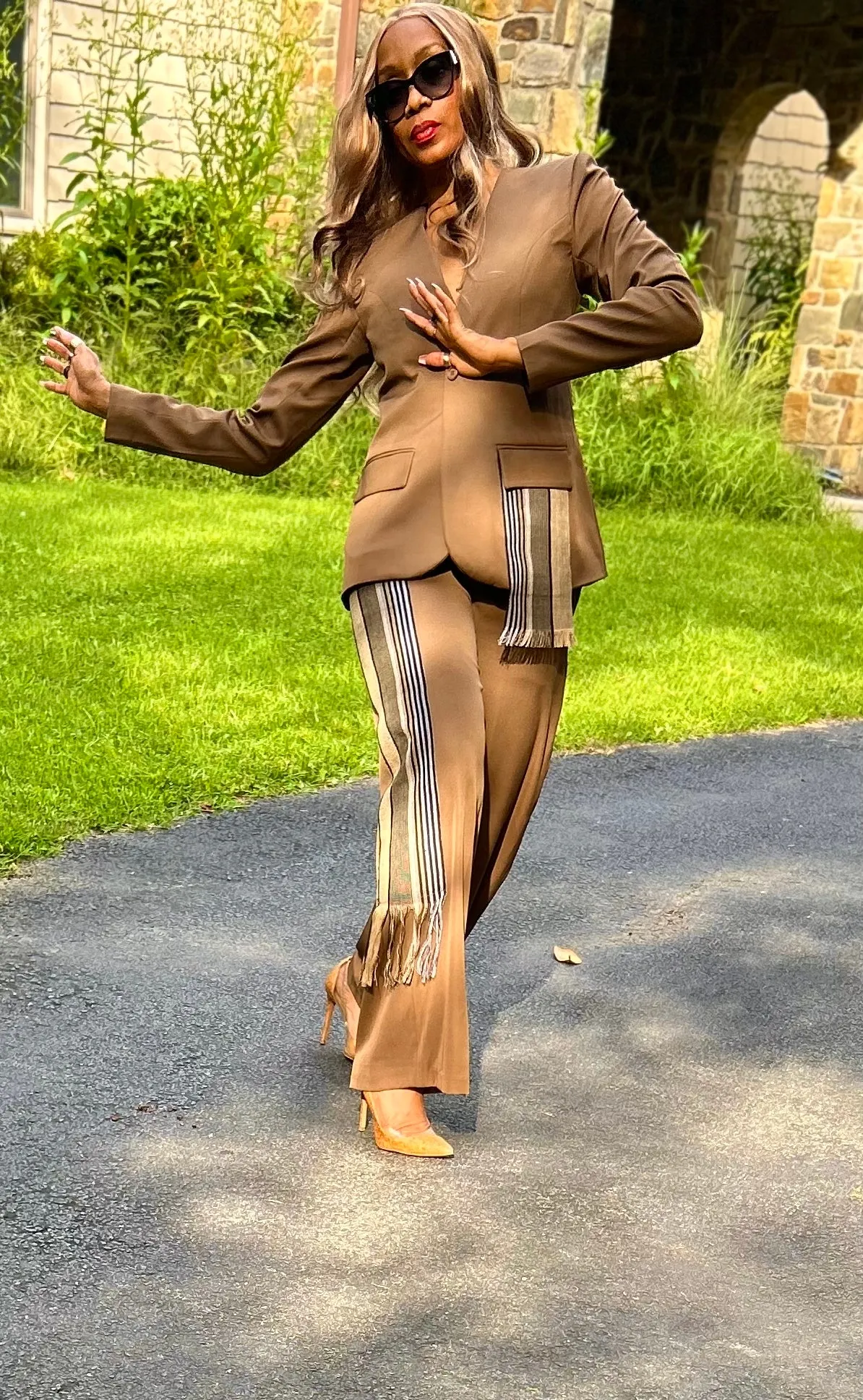 Kamala Tan Blazer with Hand Woven Aso Oke Side Detail