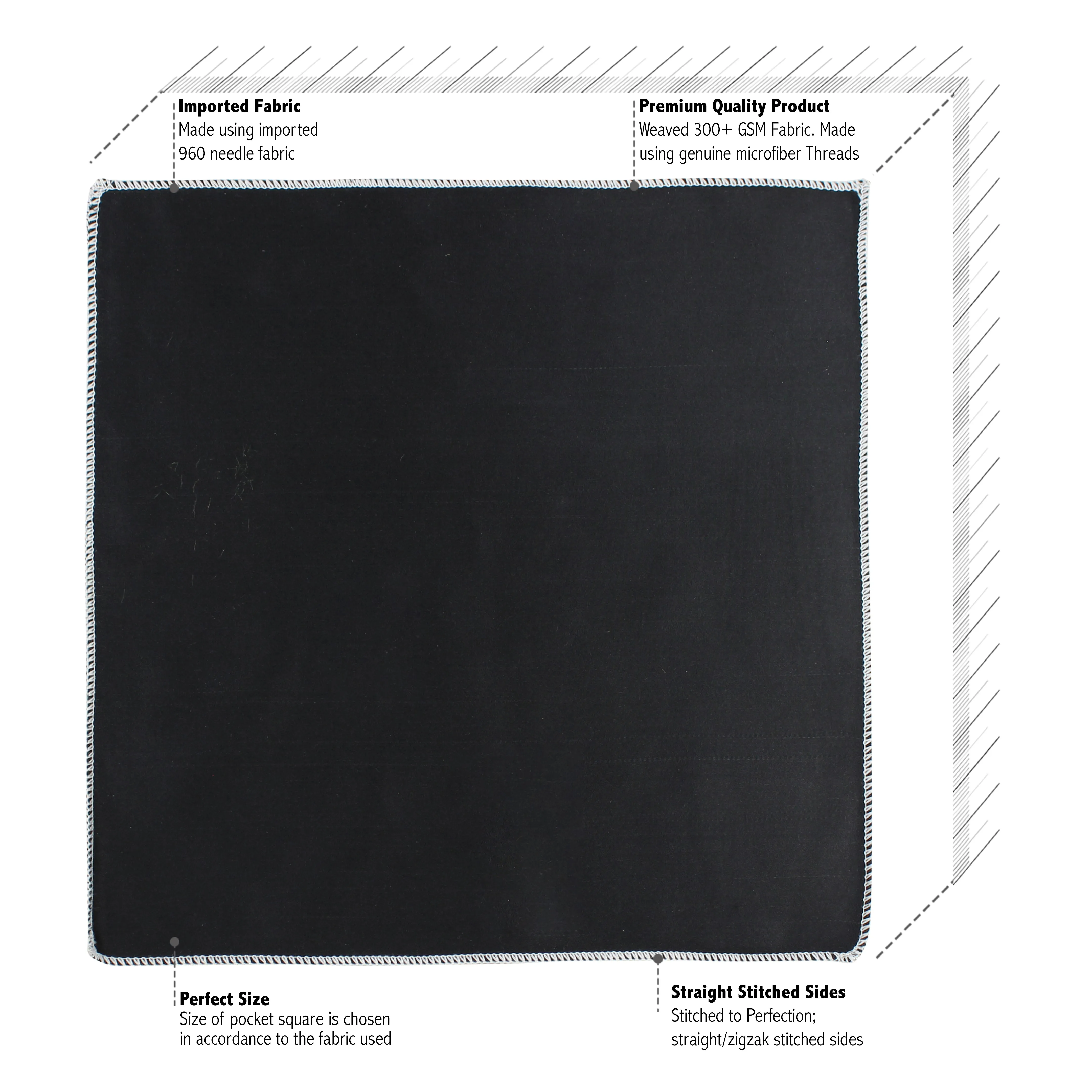 Kavove Black Solid Pocket Square For Men