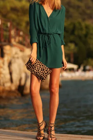 Ketty More  Women Waist Binding Short Length Loose V-Neck Skater Dress-KMWD393