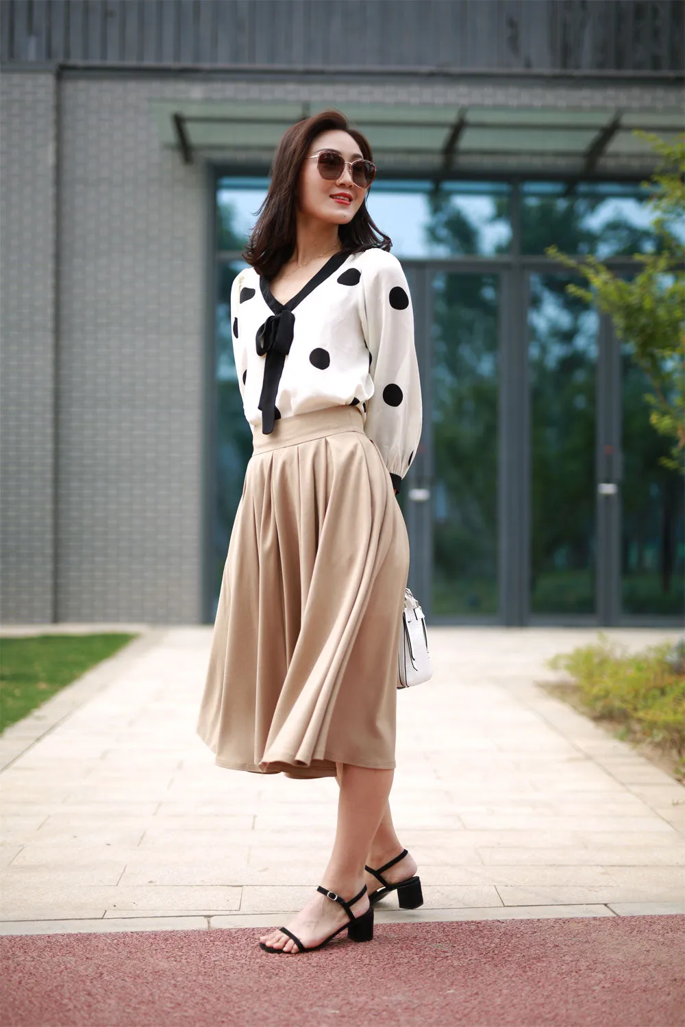 khaki midi pleated skrit for summer 2196#