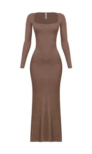 Kourtney L/S Ribbed Maxi Dress (Brown)