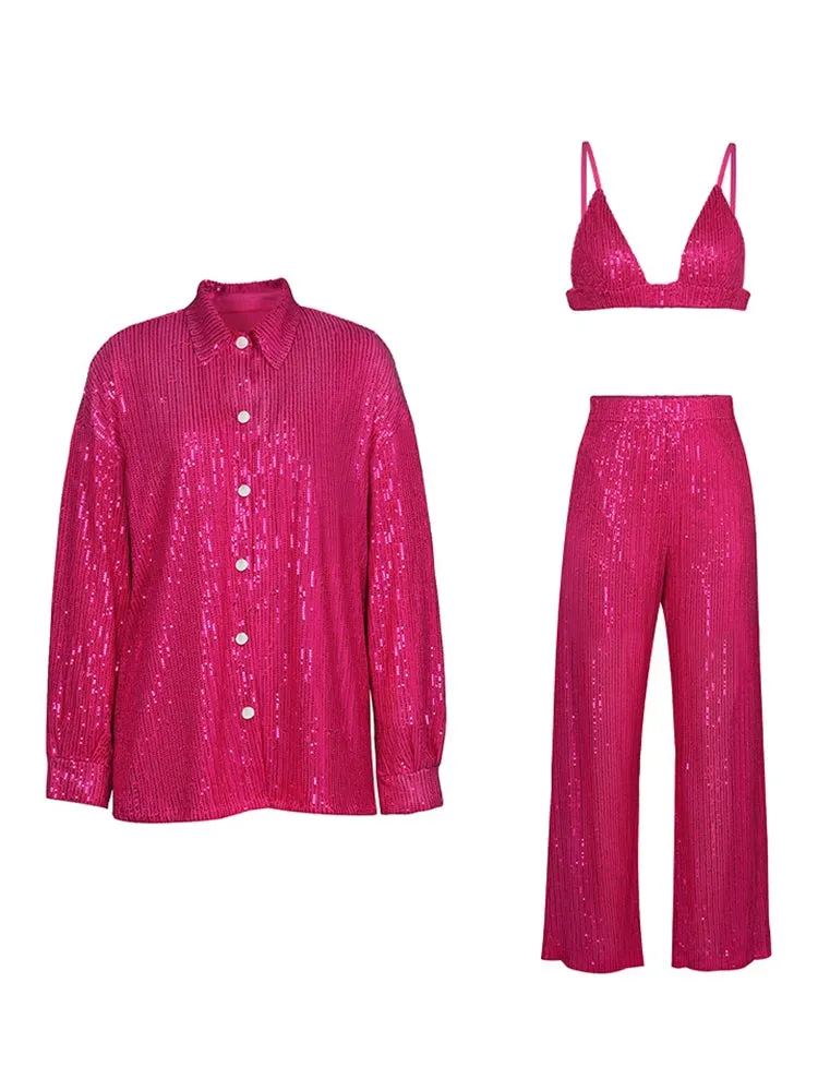 Ladies glitter Paloma blazer trouser set night out outfit Pink (3 pcs Set)