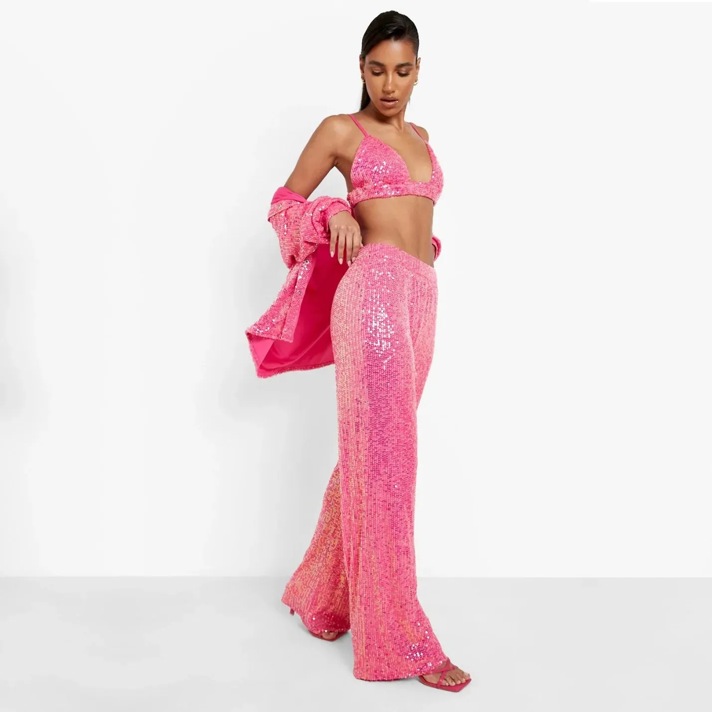 Ladies glitter Paloma blazer trouser set night out outfit Pink (3 pcs Set)