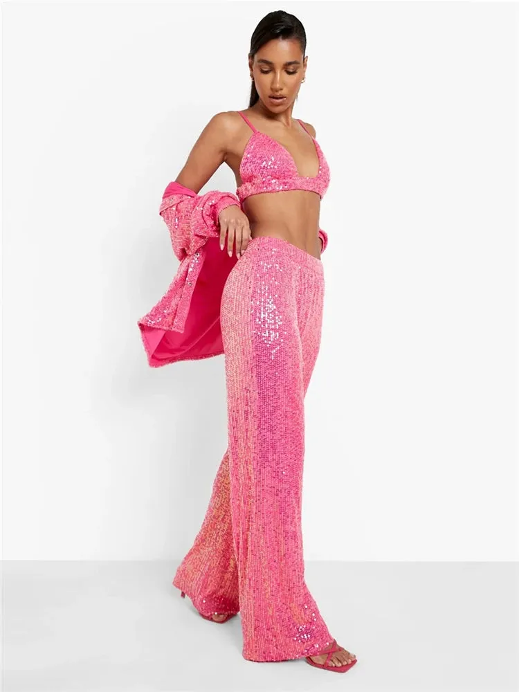 Ladies glitter Paloma blazer trouser set night out outfit Pink (3 pcs Set)