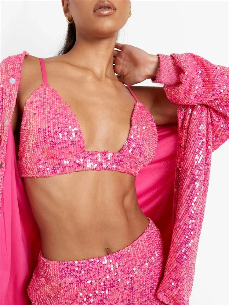 Ladies glitter Paloma blazer trouser set night out outfit Pink (3 pcs Set)