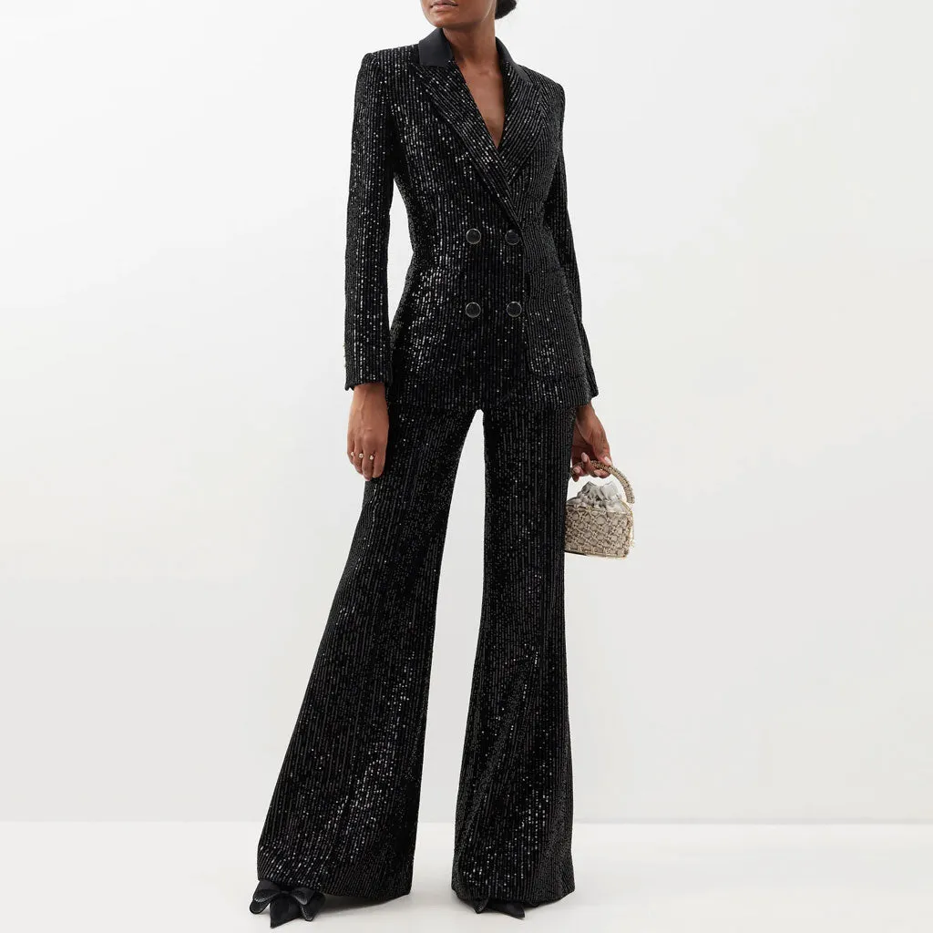 Lavish Flare Suit Pant Peak Lapel Double Breasted Sequin Blazer Matching Set
