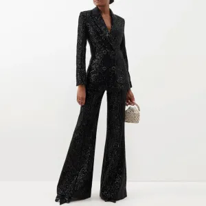 Lavish Flare Suit Pant Peak Lapel Double Breasted Sequin Blazer Matching Set