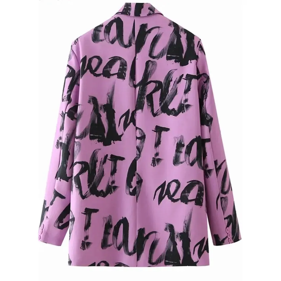 Letter Print Loose Purple Blazer Oversize
