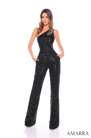Linear Sequin One Shoulder Jumpsuit by Amarra 88136