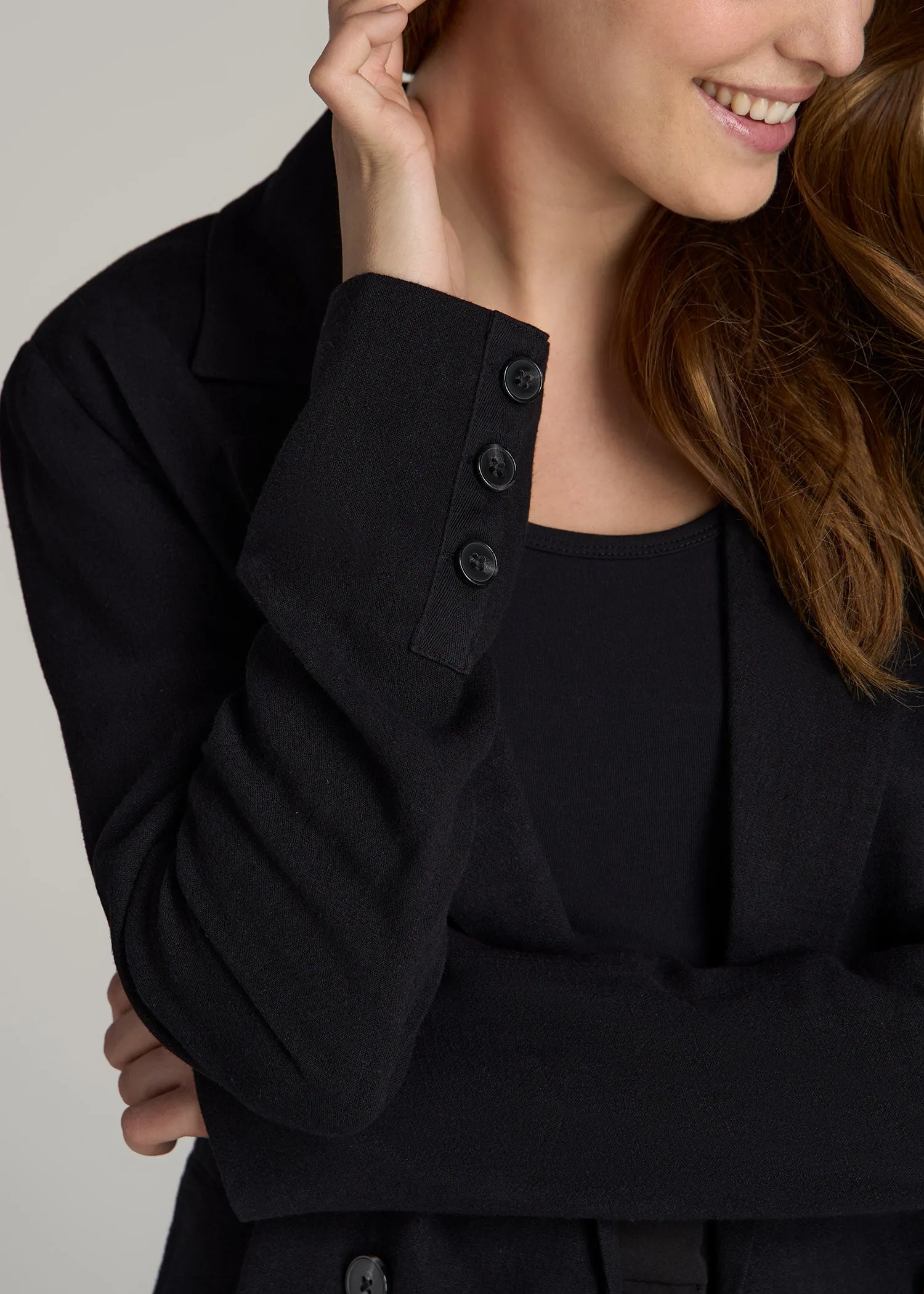 Linen Blend Tie Back Blazer For Tall Women in Black