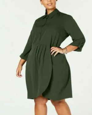 Love Squared Women's Trendy Plus Size Cascade Wrap Shirtdress Green Size 2 Extra Large | Green
