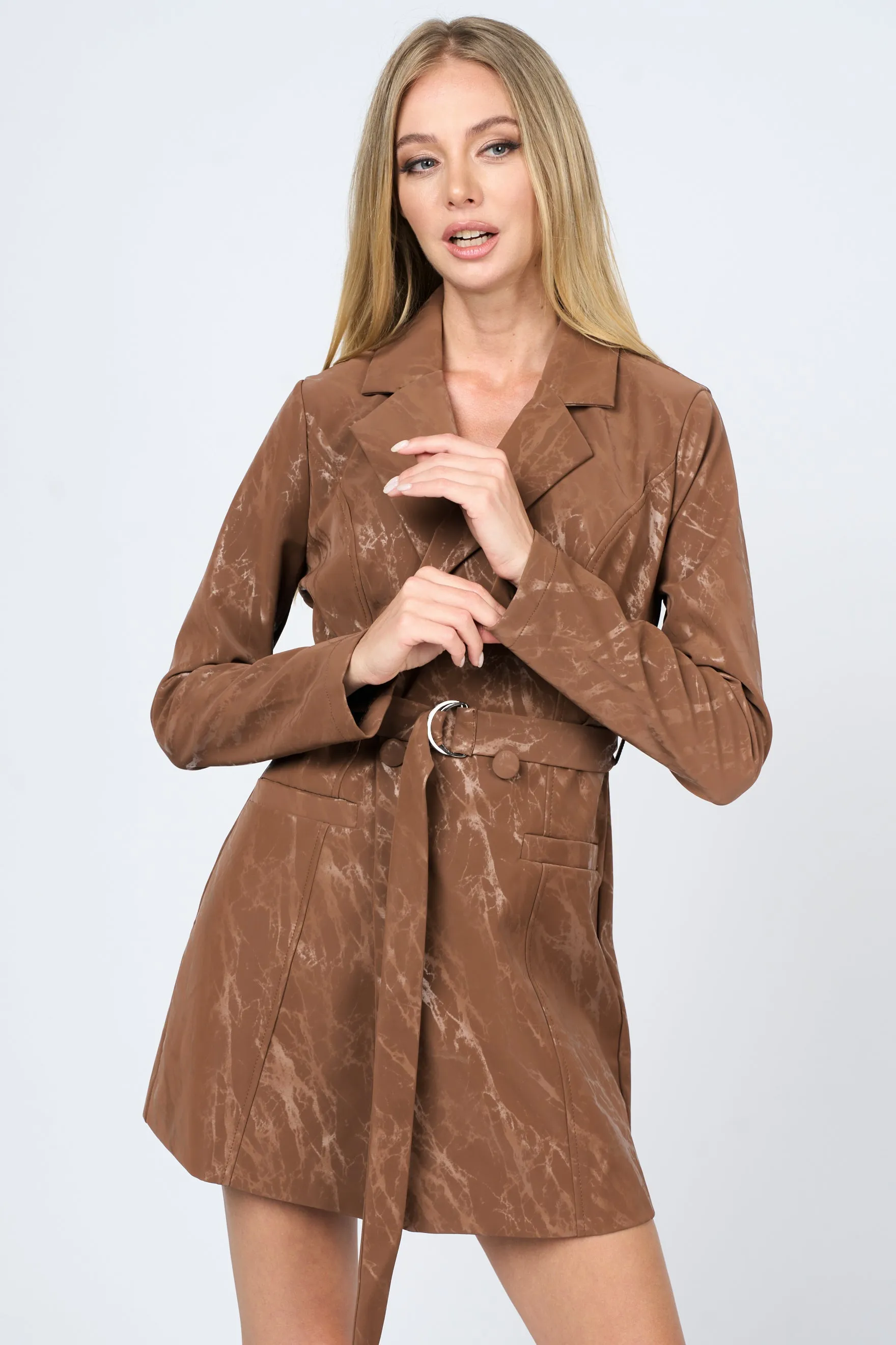 LUXE MARBLE FAUX LEATHER WAIST BELTED BLAZER