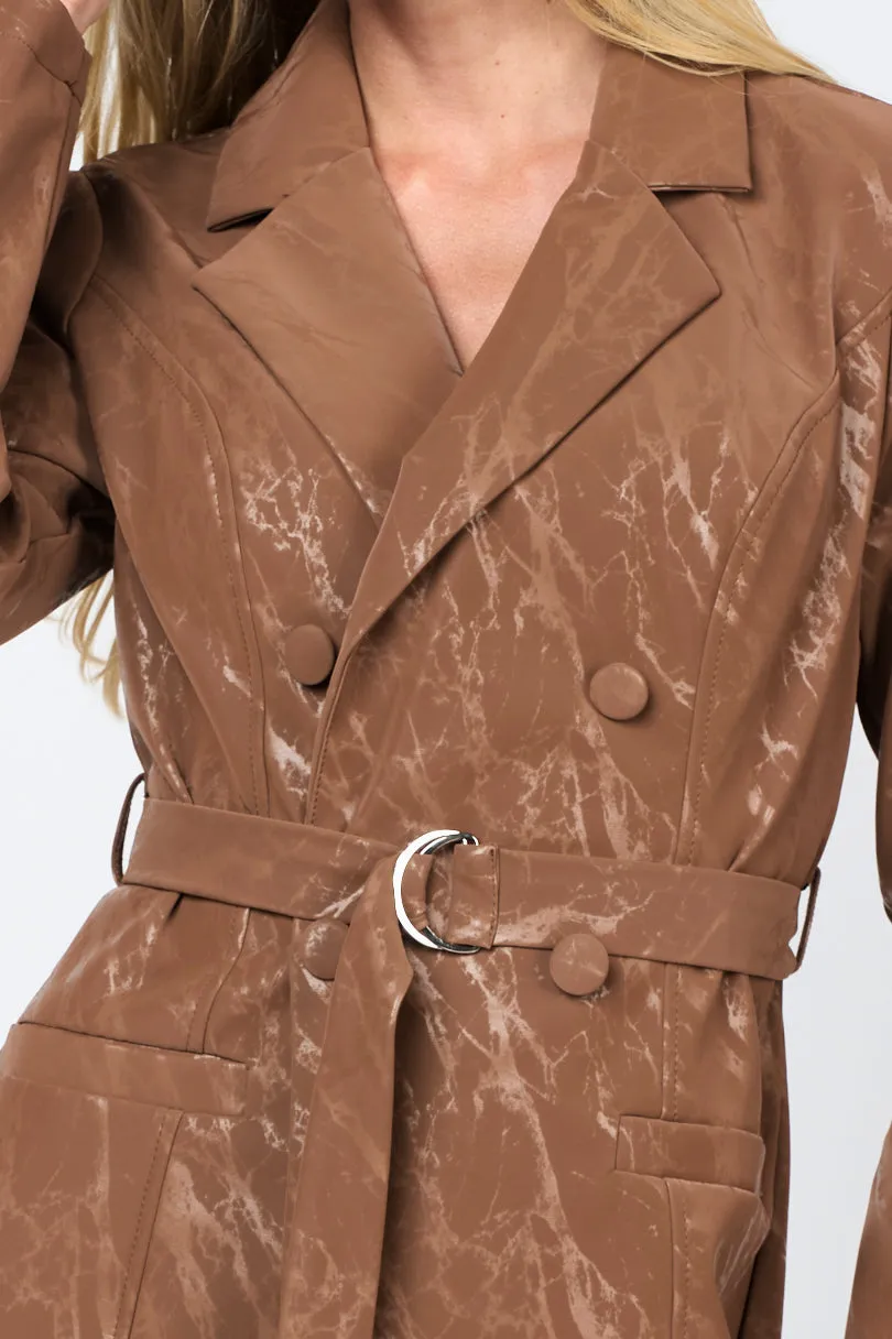 LUXE MARBLE FAUX LEATHER WAIST BELTED BLAZER