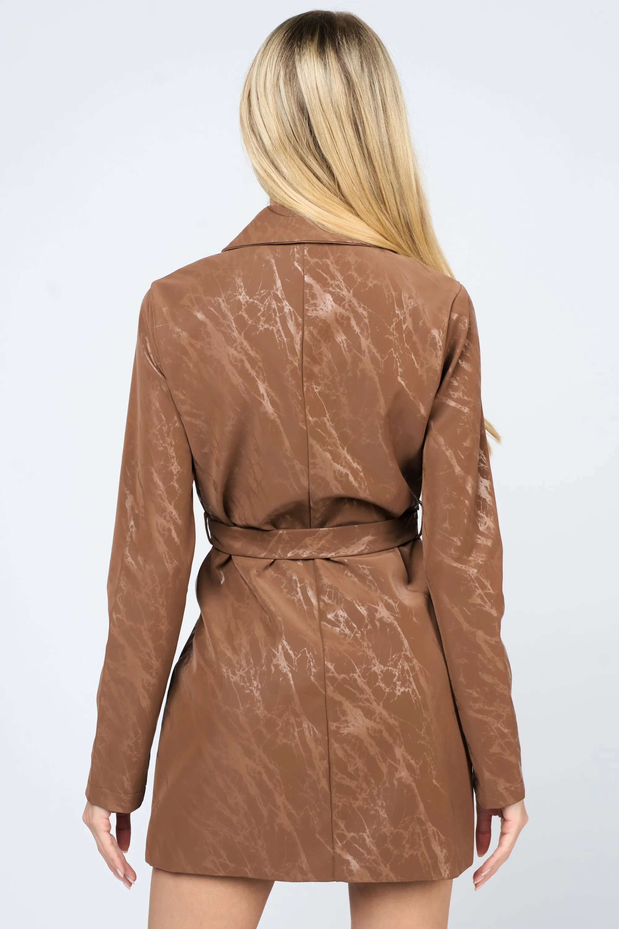 LUXE MARBLE FAUX LEATHER WAIST BELTED BLAZER