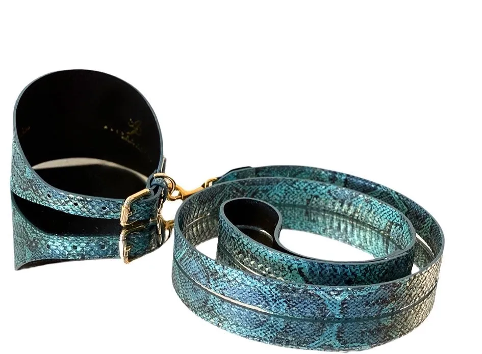 Luxury pet Fashion Turquoise Blue Multi-Tone Snakeskin Wide Collar & Leash Set