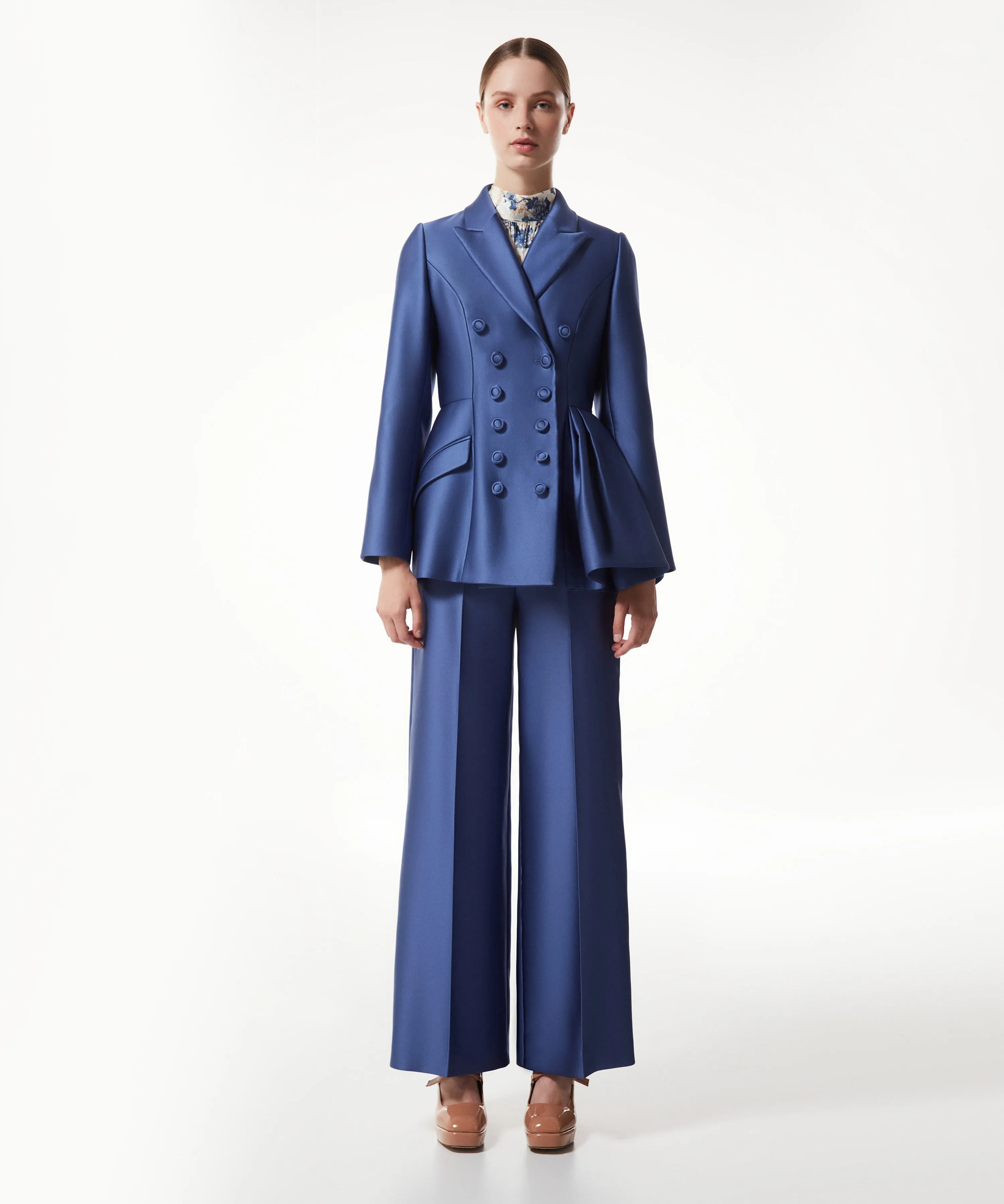Machka Flounced Satin Duchess Blazer Dark Blue